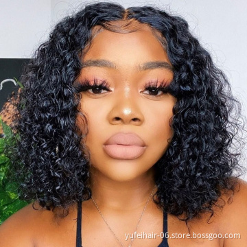 YF Hot Sale 13X4 Lace Front Bob Curly Wigs For Black Women Natural Color Remy Kinky Deep Wave Curly Short Lace Front Wigs